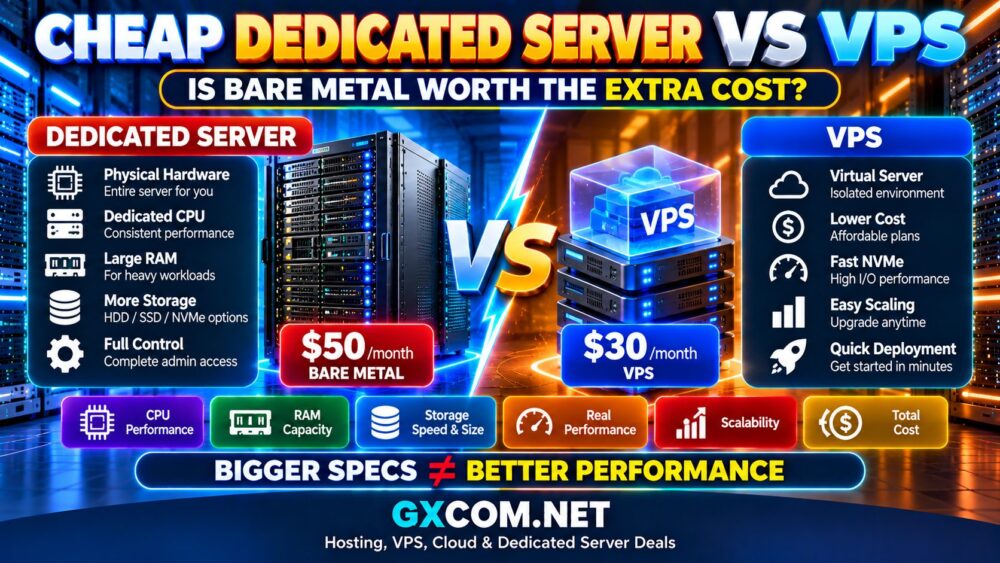 Cheap Dedicated Server vs VPS comparison showing bare metal performance and cost