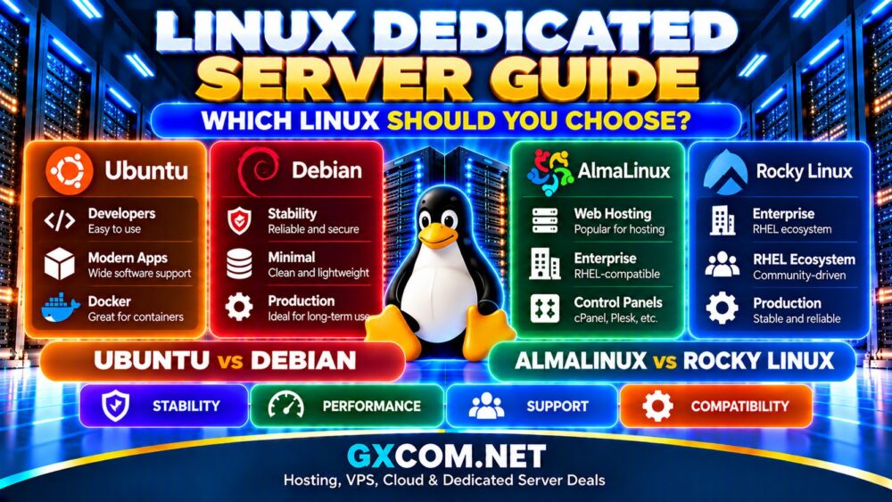 Linux Dedicated Server Guide comparing Ubuntu Debian AlmaLinux and Rocky Linux