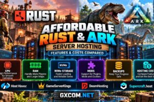 Affordable Rust and ARK server hosting comparison showing survival game servers, CPU, RAM, NVMe storage, mod support, backups and hosting costs
