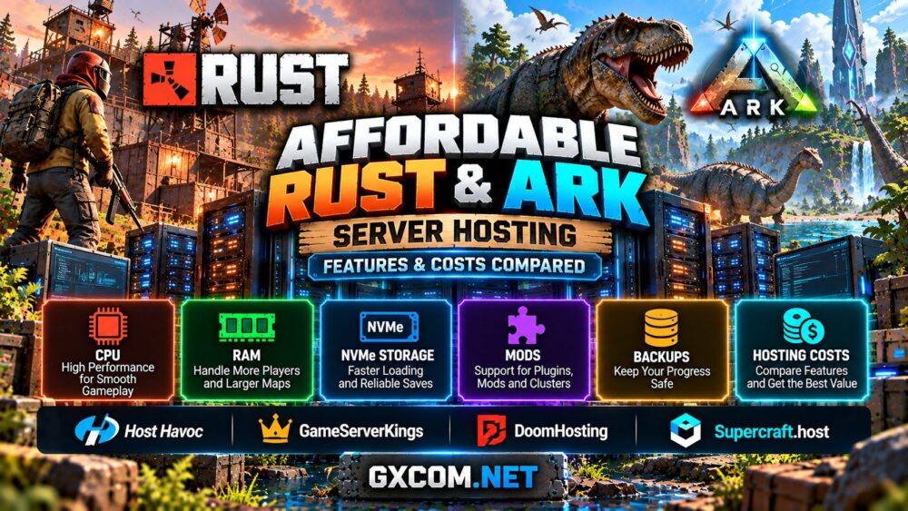 Affordable Rust and ARK server hosting comparison showing survival game servers, CPU, RAM, NVMe storage, mod support, backups and hosting costs