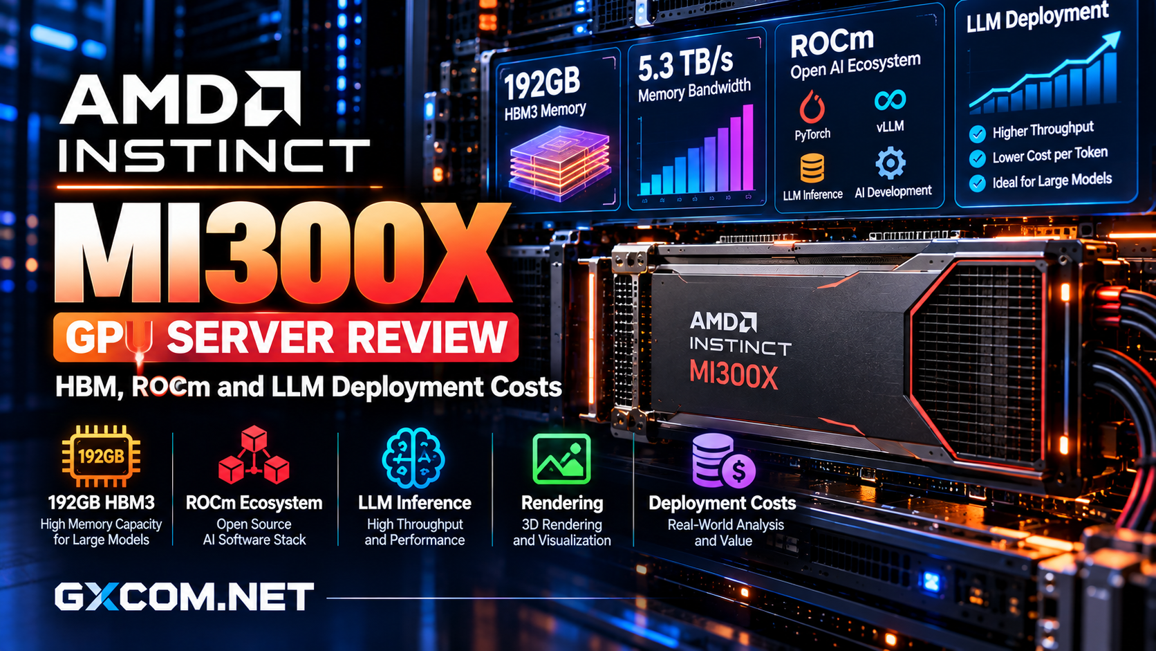 AMD Instinct MI300X GPU server review featuring 192GB HBM3 memory, ROCm, Infinity Fabric and LLM deployment cost analysis