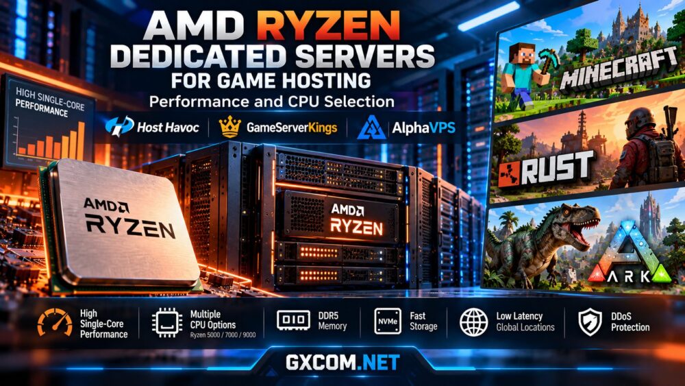 AMD Ryzen dedicated servers for game hosting comparing CPU performance, Ryzen generations and hardware for Minecraft, Rust and ARK