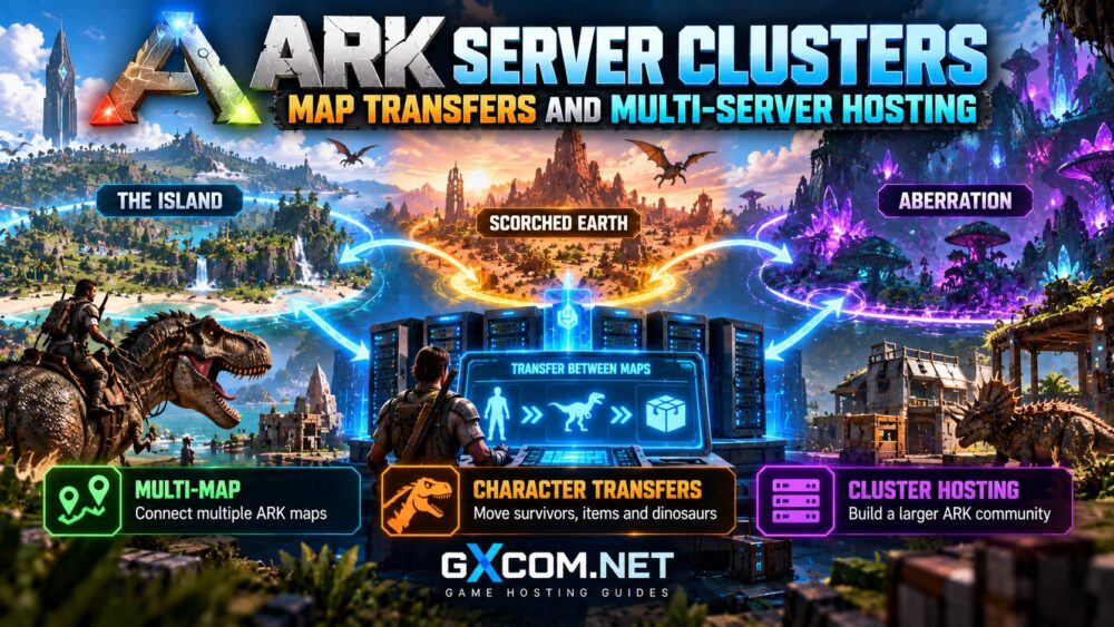 ARK server clusters connecting multiple maps with character, dinosaur and item transfers