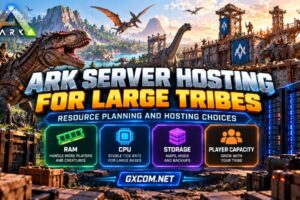 ARK server hosting for large tribes showing dinosaurs, large survival bases, RAM, CPU and storage resource planning