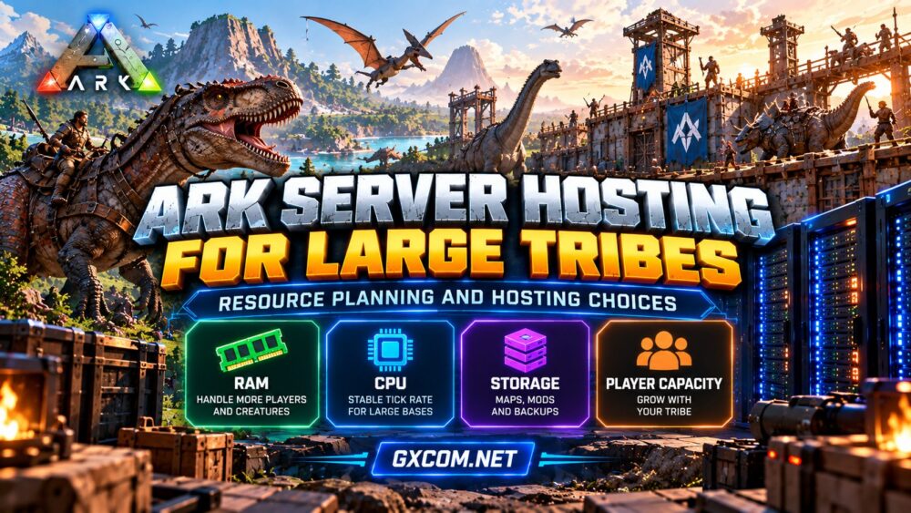 ARK server hosting for large tribes showing dinosaurs, large survival bases, RAM, CPU and storage resource planning