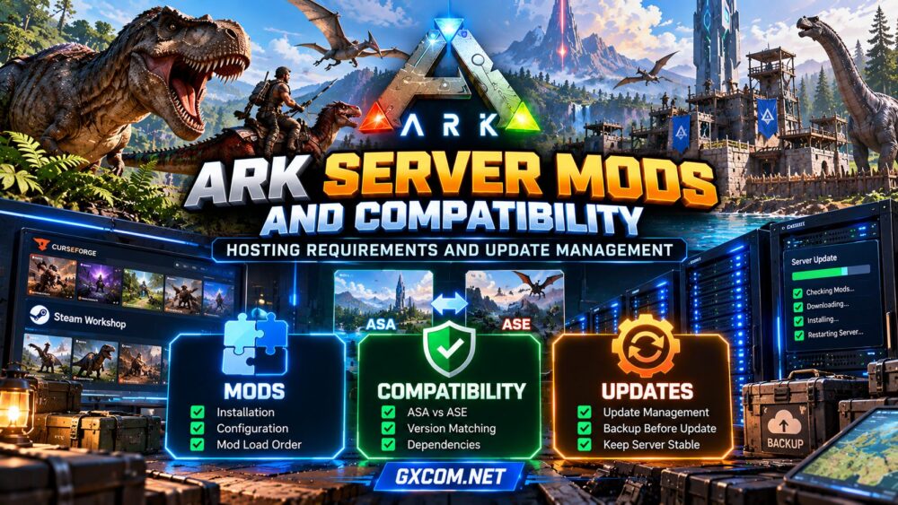 ARK server mods and compatibility guide showing dinosaurs, game server hosting, ASA versus ASE mod support and update management