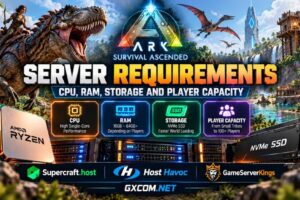 ARK Survival Ascended server requirements showing CPU performance, RAM, NVMe storage and dedicated hosting hardware