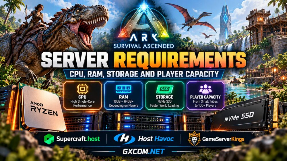 ARK Survival Ascended server requirements showing CPU performance, RAM, NVMe storage and dedicated hosting hardware