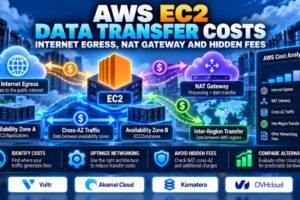 AWS EC2 数据传输成本信息图，展示了互联网出站流量、NAT 网关处理、跨可用区流量以及隐藏的网络费用
