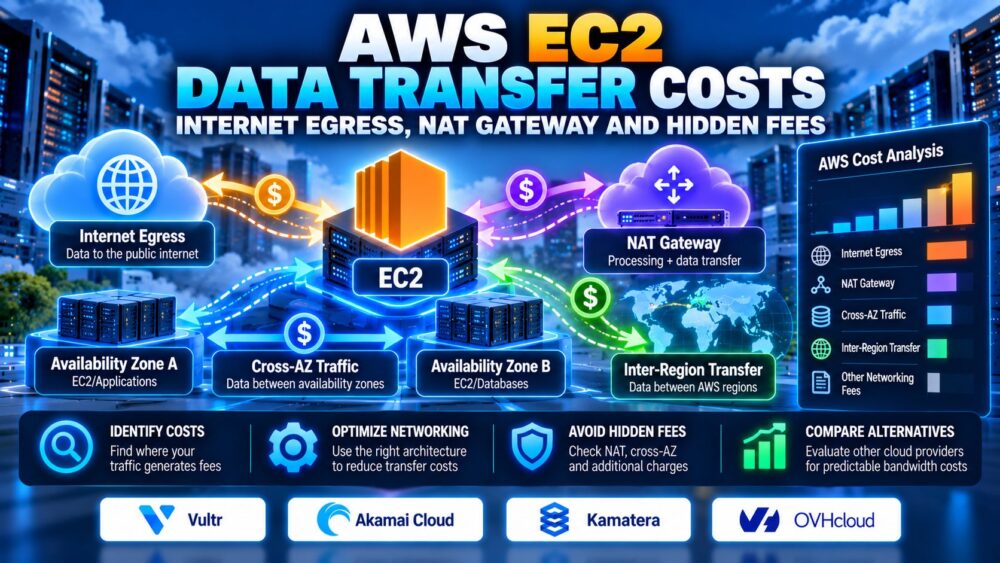 AWS EC2 数据传输成本信息图，展示了互联网出站流量、NAT 网关处理、跨可用区流量以及隐藏的网络费用