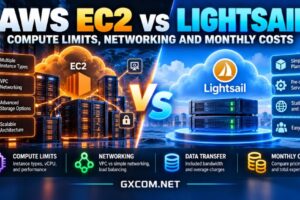 AWS EC2 与 Lightsail 的对比，展示了 CPU 性能、网络性能、数据传输配额以及每月云服务器成本