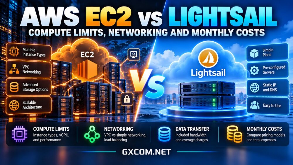 AWS EC2 与 Lightsail 的对比,展示了 CPU 性能、网络性能、数据传输配额以及每月云服务器成本