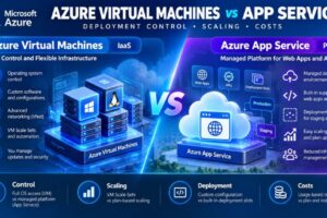 Azure 虚拟机与应用服务的对比，展示了部署控制、操作系统访问、扩展选项和云托管成本