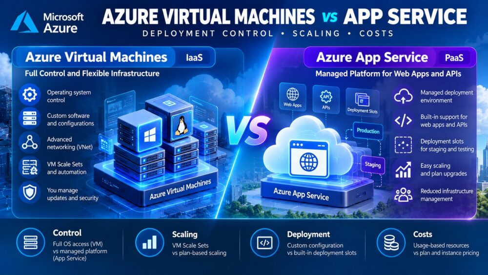 Azure 虚拟机与应用服务的对比，展示了部署控制、操作系统访问、扩展选项和云托管成本
