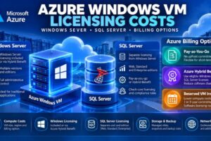 Azure Windows 虚拟机许可费用信息图：对比 Windows Server、SQL Server、Azure 混合优惠以及虚拟机计费选项