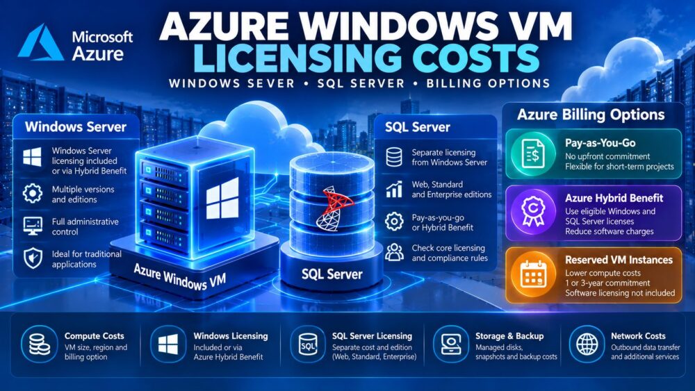 Azure Windows VM licensing costs infographic comparing Windows Server, SQL Server, Azure Hybrid Benefit and virtual machine billing options