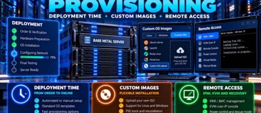 Bare metal server provisioning showing deployment time, custom ISO images, PXE boot, IPMI remote management and KVM access