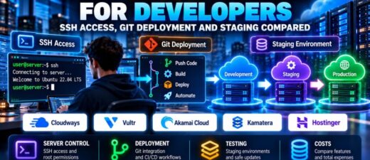 Best cloud hosting for developers comparison showing SSH access, Git deployment, staging environments and cloud server management