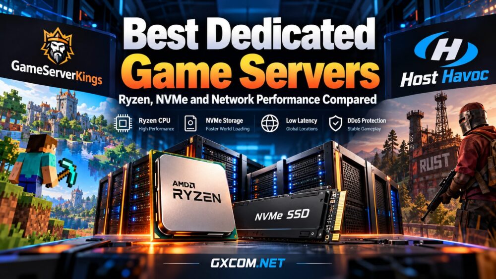 Best dedicated game servers comparison featuring AMD Ryzen processors, NVMe storage, network performance and GXCOM.NET