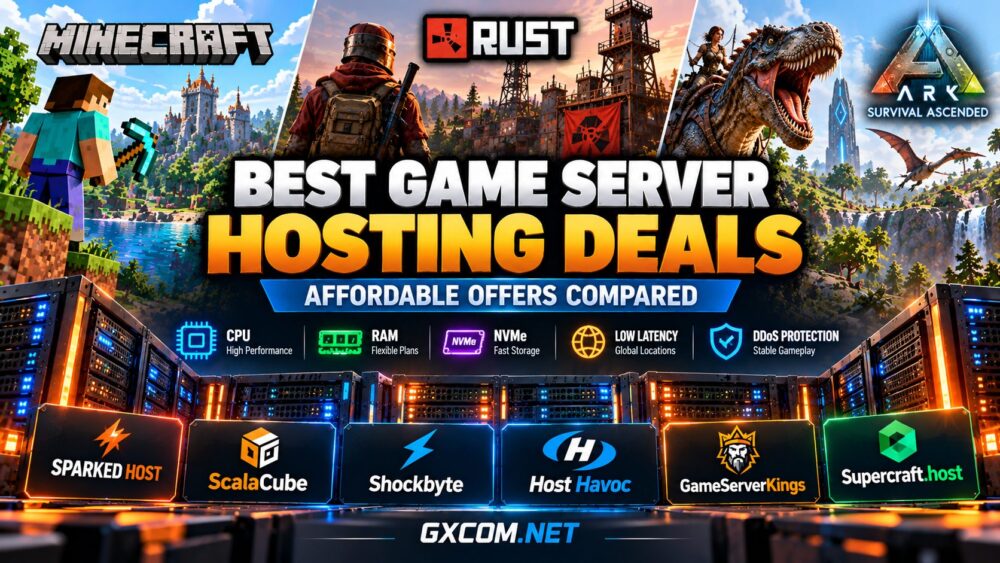 Best game server hosting deals comparison for Minecraft, Rust and ARK featuring affordable hosting options and GXCOM.NET
