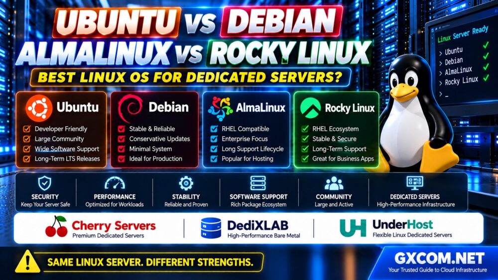 Ubuntu vs Debian vs AlmaLinux vs Rocky Linux Comparison for Dedicated Servers Security Performance Stability and Support
