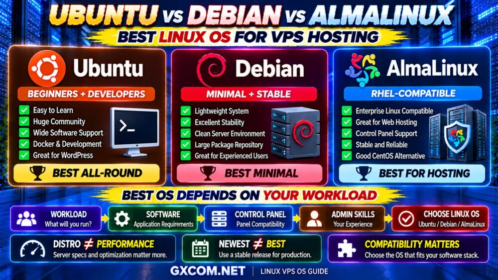 Ubuntu vs Debian vs AlmaLinux Best Linux OS for VPS Hosting Compared