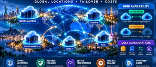 Best cloud hosting for multi-region applications showing global data center locations, active-active and active-passive failover, and infrastructure costs