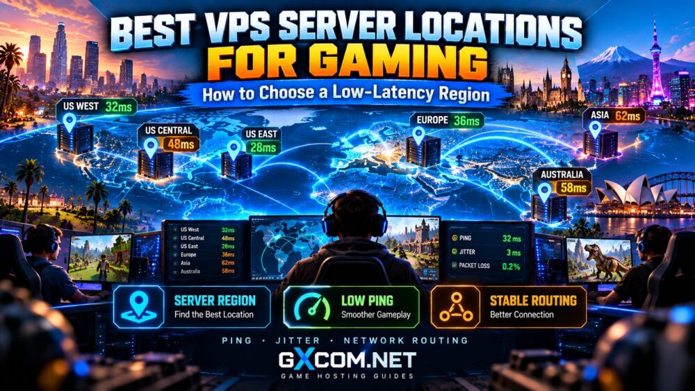 Best VPS server locations for gaming showing global data center regions, low ping and network routing
