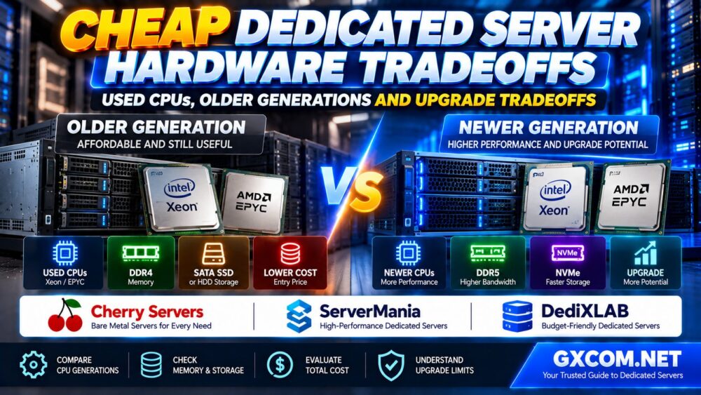 Cheap Dedicated Server Hardware Comparison Used Xeon EPYC CPUs Older Generations DDR4 DDR5 NVMe Storage and Upgrade Tradeoffs