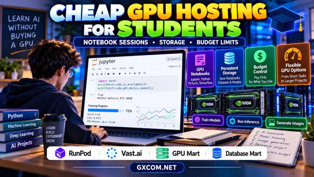 Cheap GPU hosting for students comparing Jupyter notebook sessions storage and monthly GPU rental budgets