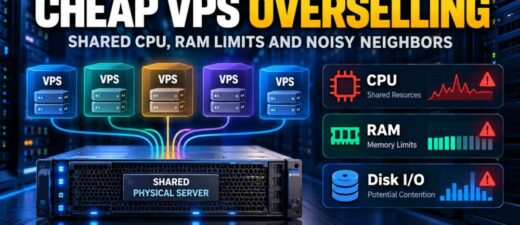 Cheap VPS overselling explained with shared CPU resources, RAM limits and noisy neighbor performance problems