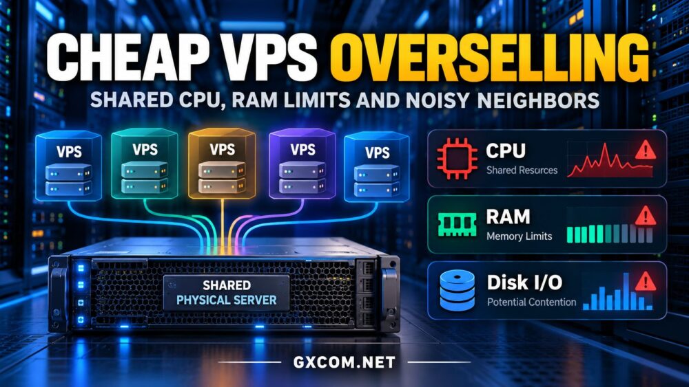 Cheap VPS overselling explained with shared CPU resources, RAM limits and noisy neighbor performance problems