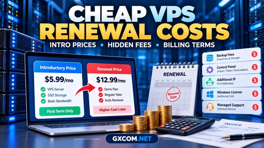 Cheap VPS renewal costs with introductory pricing, hidden fees and billing terms compared