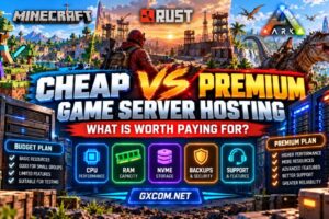 Cheap game server hosting vs premium plans comparison showing CPU, RAM, backups, support and security features for Minecraft, Rust and ARK