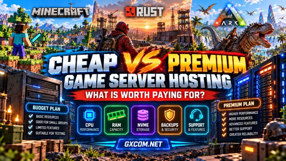 Cheap game server hosting vs premium plans comparison showing CPU, RAM, backups, support and security features for Minecraft, Rust and ARK