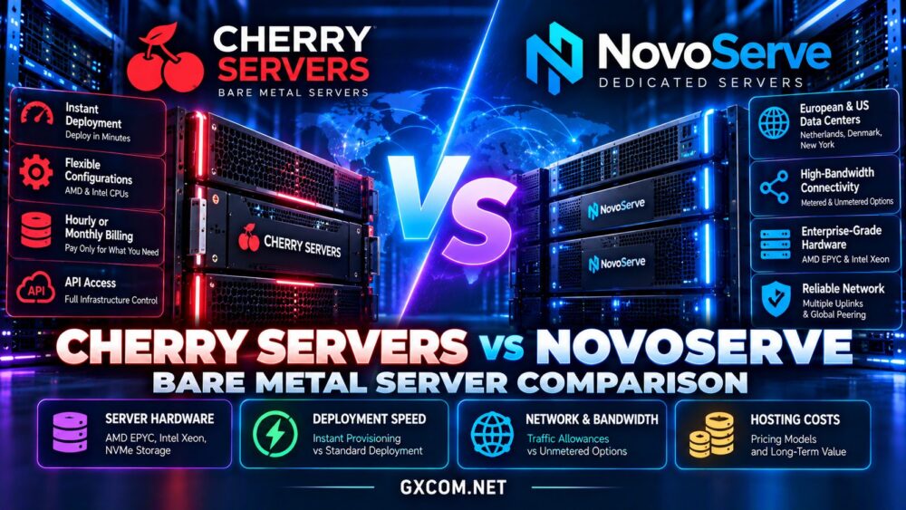 Cherry Servers 与 NovoServe 裸机托管对比,涵盖专用服务器硬件、部署速度、网络带宽及托管成本
