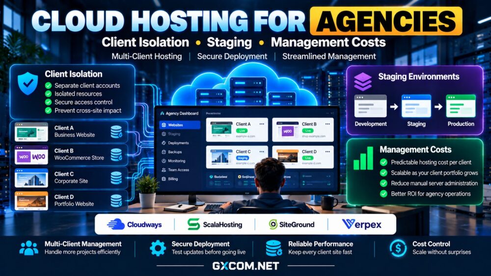 Cloud hosting for agencies comparing client isolation, staging environments, multi-client website management and hosting costs