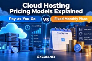 Cloud hosting pricing models comparison showing pay-as-you-go versus fixed monthly cloud hosting plans - GXCOM.NET