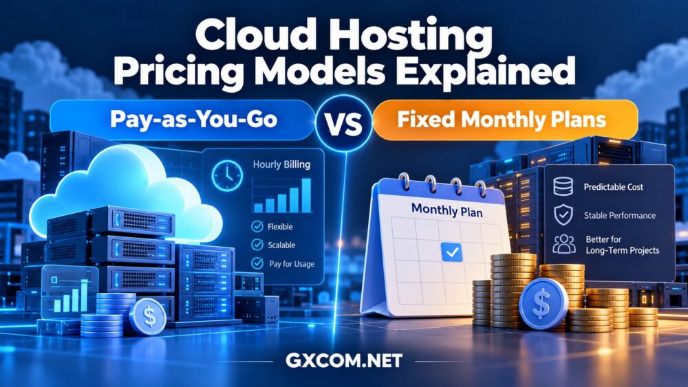 Cloud hosting pricing models comparison showing pay-as-you-go versus fixed monthly cloud hosting plans - GXCOM.NET