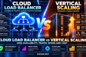 Cloud load balancer vs vertical scaling comparison showing high availability, traffic spikes, autoscaling, server capacity and hosting costs