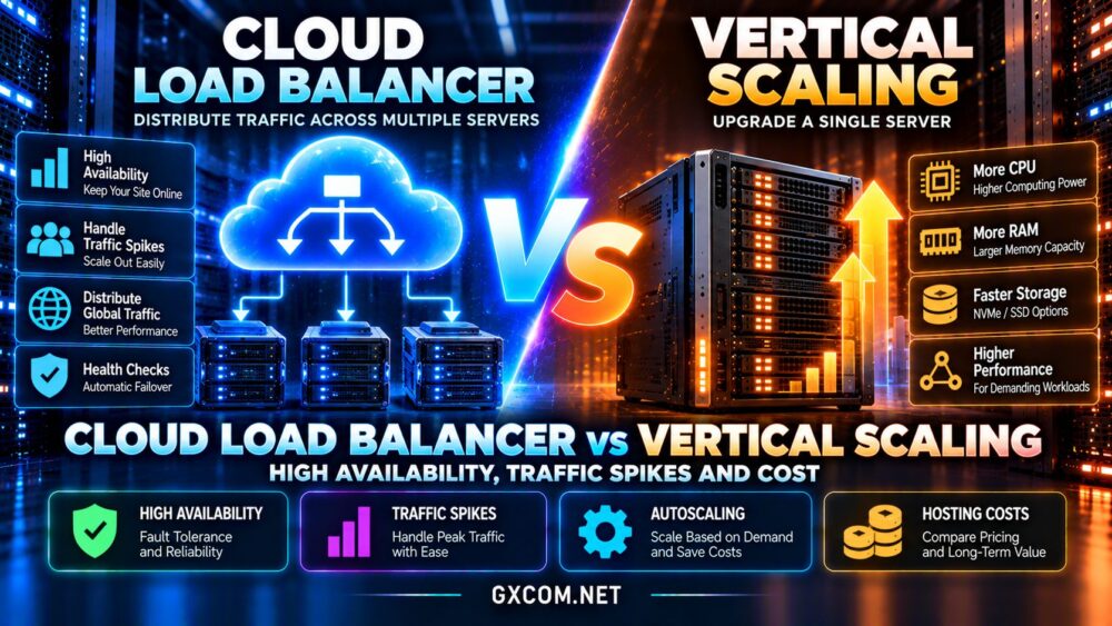 Cloud load balancer vs vertical scaling comparison showing high availability, traffic spikes, autoscaling, server capacity and hosting costs