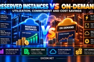 Cloud reserved instances vs on-demand comparison showing utilization rates, commitment periods, flexible cloud computing and cost savings