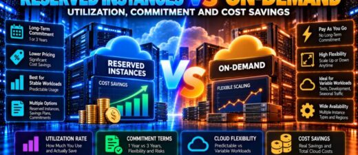 Cloud reserved instances vs on-demand comparison showing utilization rates, commitment periods, flexible cloud computing and cost savings