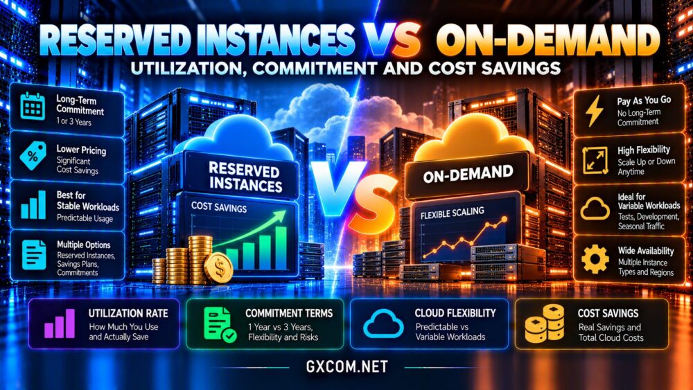Cloud reserved instances vs on-demand comparison showing utilization rates, commitment periods, flexible cloud computing and cost savings