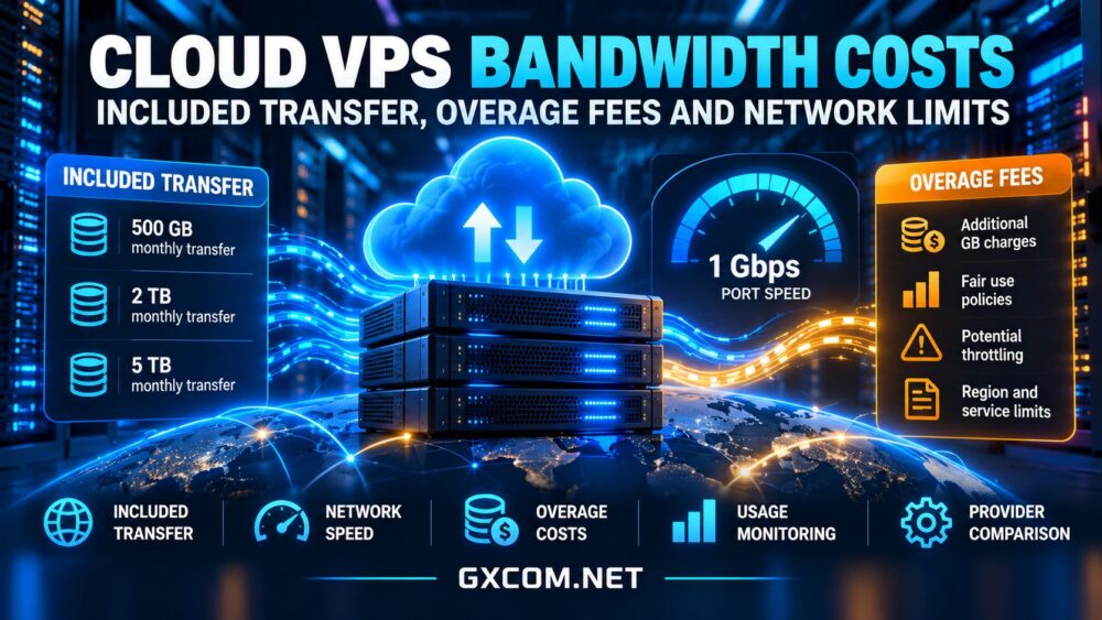 云VPS带宽费用对比，显示包含的数据传输量、超额费用及网络速度限制