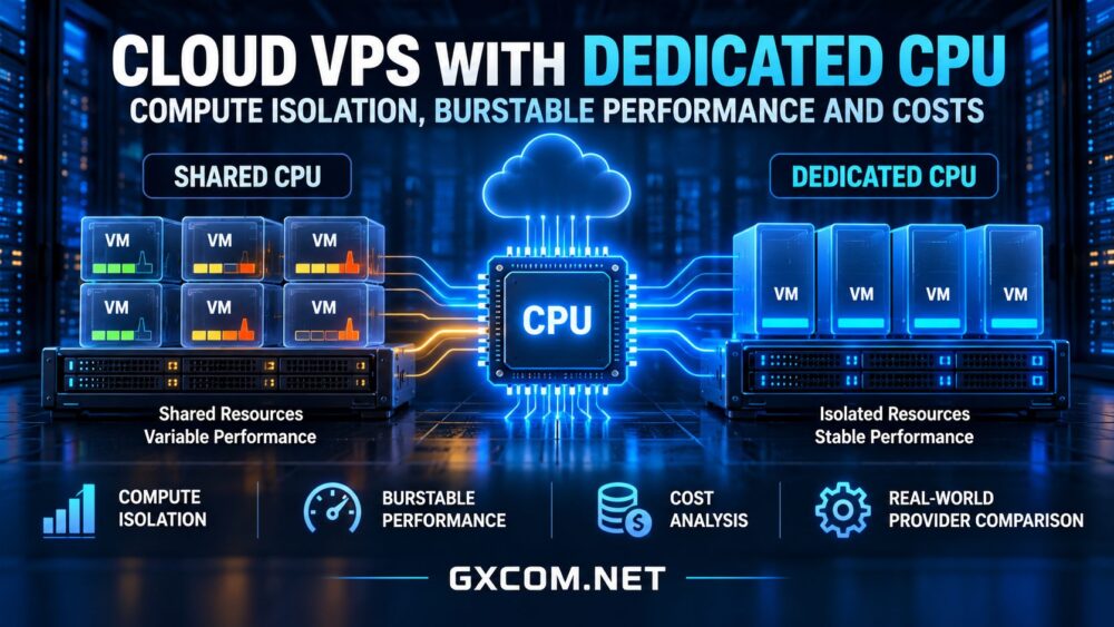 Cloud VPS with dedicated CPU showing compute isolation, burstable performance and hosting costs