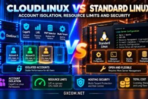 CloudLinux vs standard Linux hosting comparison showing CageFS account isolation, LVE resource limits, WordPress performance and security