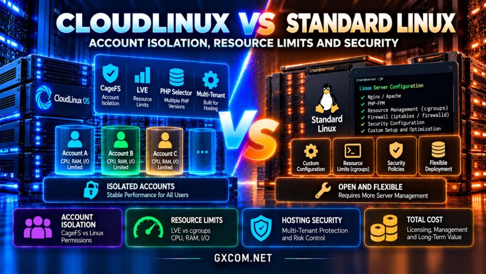 CloudLinux vs standard Linux hosting comparison showing CageFS account isolation, LVE resource limits, WordPress performance and security