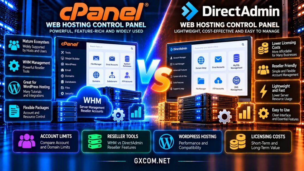 cPanel vs DirectAdmin hosting comparison showing account limits, WHM reseller tools, WordPress hosting and control panel licensing costs