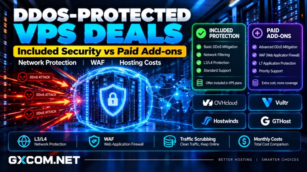 VPS 服务在 DDoS 防护方面的对比，包括内置网络安全功能、付费缓解附加组件、VPS 防火墙保护以及每月托管费用